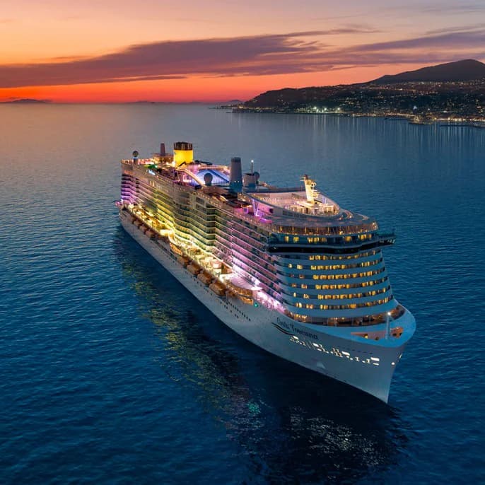 A cruise ship sailing on open water