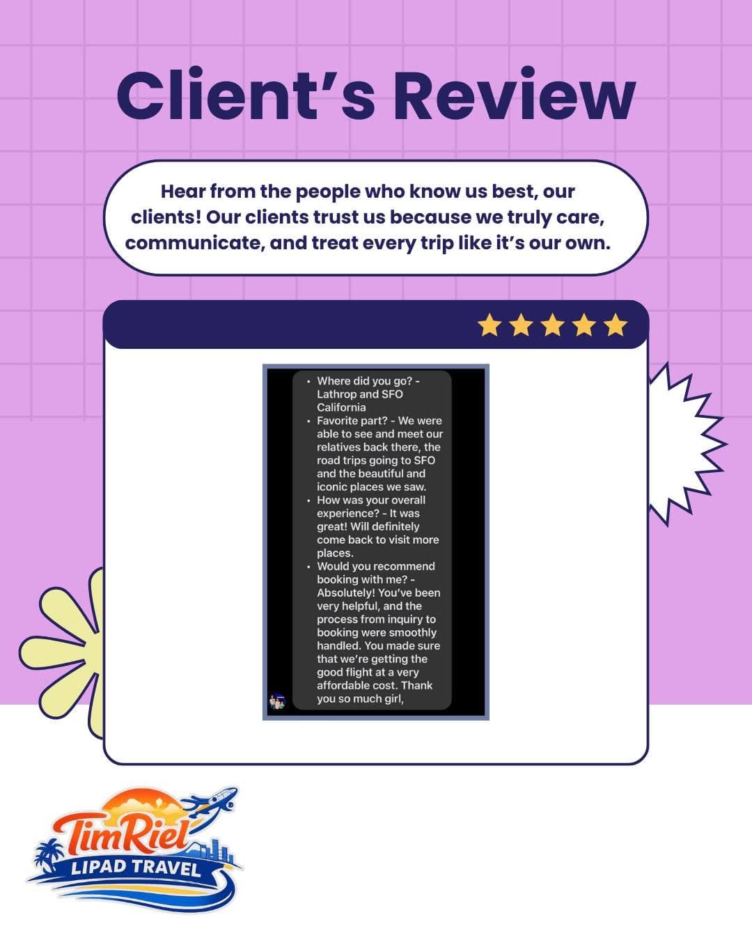 Client's Review post: a client's written answers about their Lathrop and San Francisco trip, praising the smoothly handled booking and affordable flights