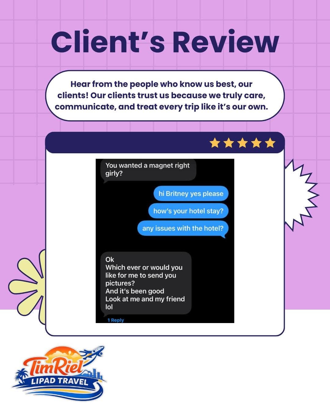 Client's Review post: a text exchange checking in on a client's hotel stay, who replies that it has been good